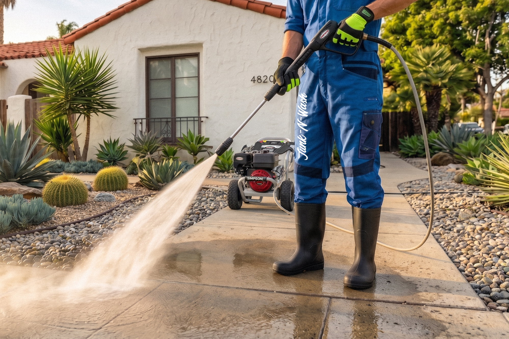 Pressure Washer Services Los Angeles A man washing a driveway home with a pressure washing machine in a Los Angeles House
