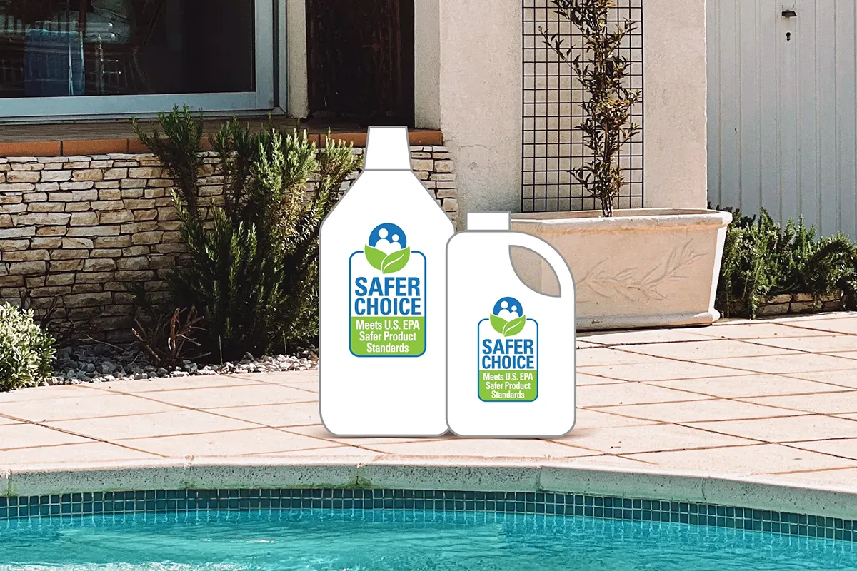 Safer Choice Clean Patio eco friendly cleaners front a pool