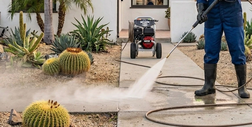 Residential Pressure Washing Los Angeles EcoFriendly A worker cleaning a los angeles home with a pressure washer